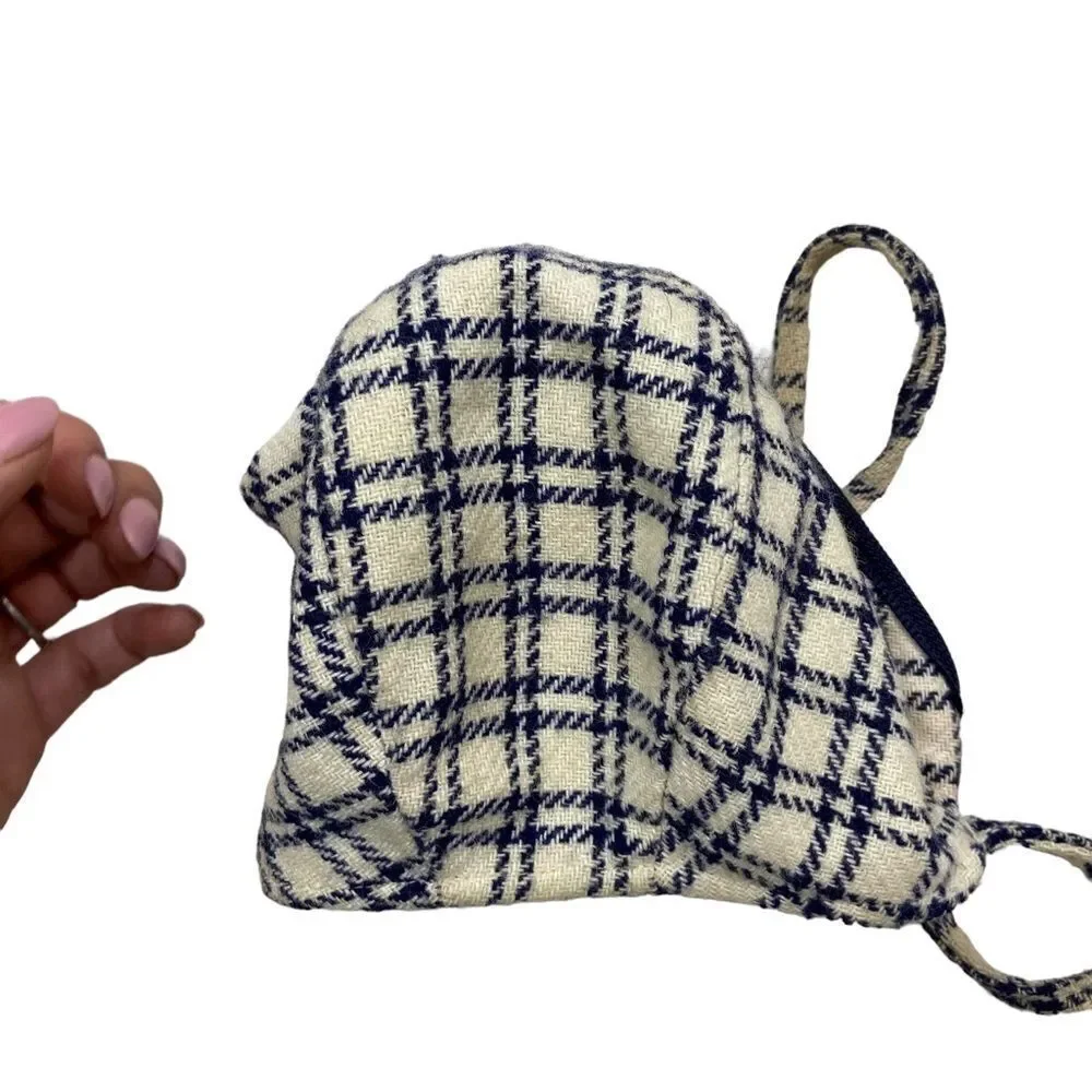 Vintage Wool Ivory and Navy Plaid Lined Hat Toddler‎ Size